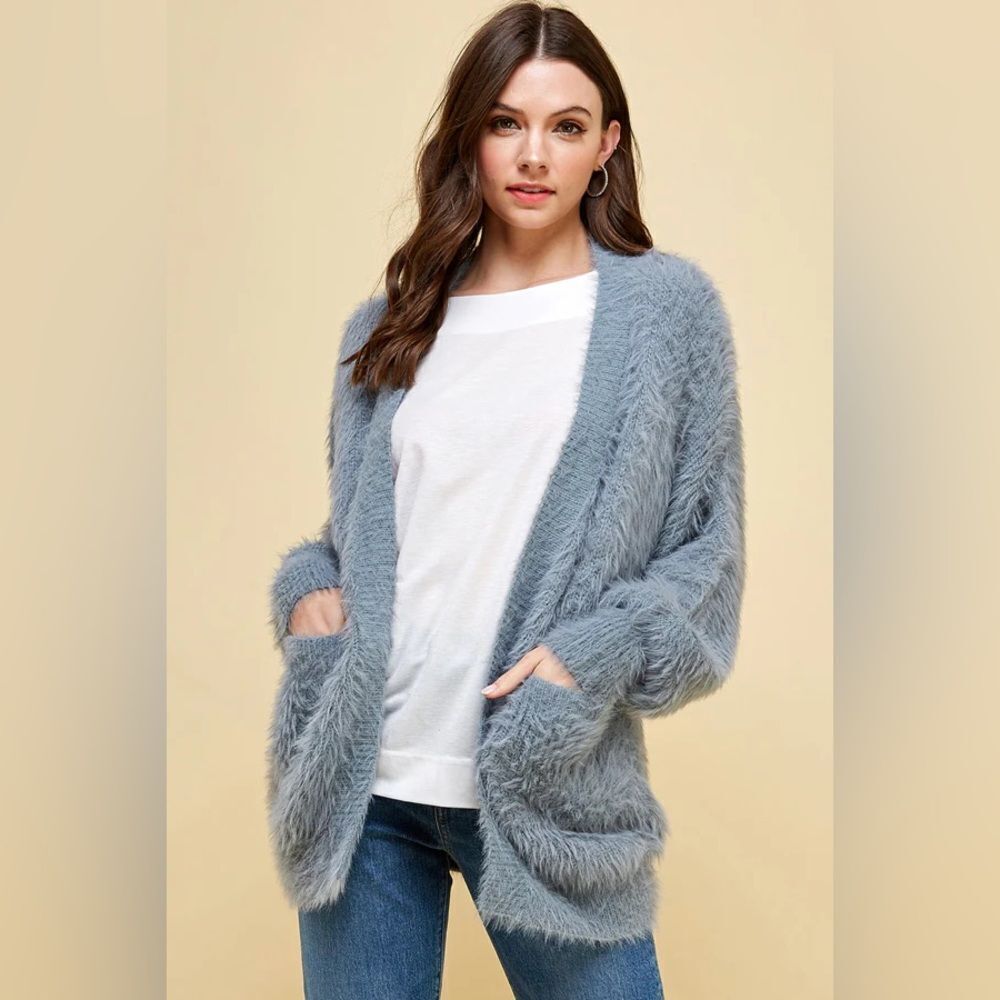 Blue Size S M Open Front Soft Fuzzy Cardigan Sweater Pockets Fall Winter Spring